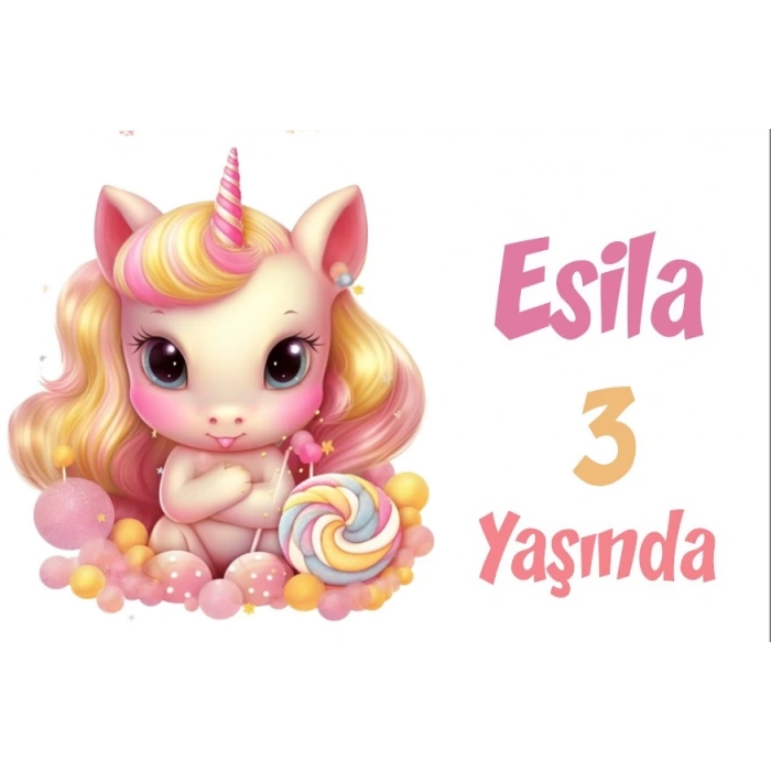 Pembe Unicorn Temalı Doğum Günü Afişi -4 50X70 cm