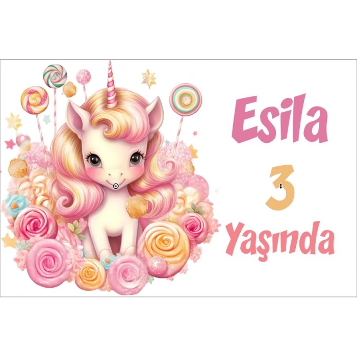 Pembe Unicorn Temalı Doğum Günü Afişi -5 35X50 cm