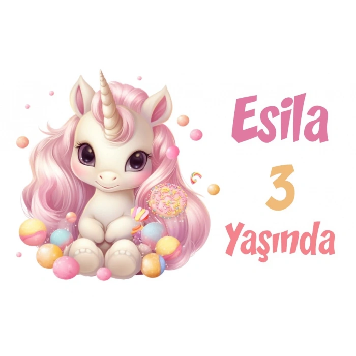 Pembe Unicorn Temalı Doğum Günü Afişi -6 50X70 cm