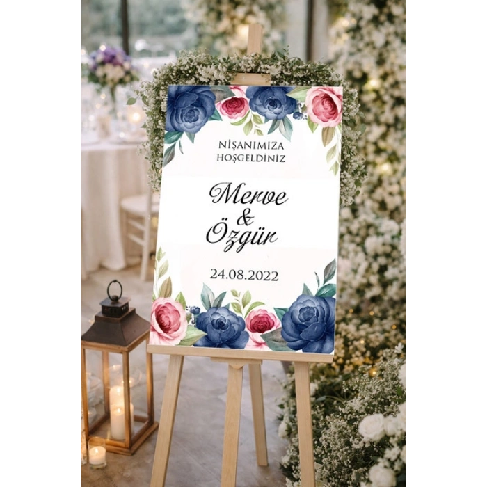 Mavi ve Pembe Güllü Düğün, Nişan ve Söz Karşılama Panosu – 50x70 cm