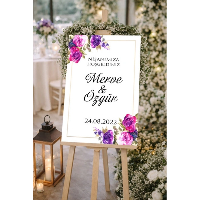 Pembe Çiçekli Düğün, Nişan ve Söz Karşılama Panosu – 50x70 cm