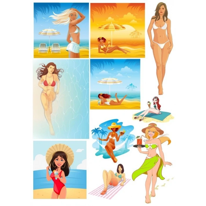 Plaj Kızı Sticker Set 10 Parça Telefon, Tablet, Defter, Laptop Sticker