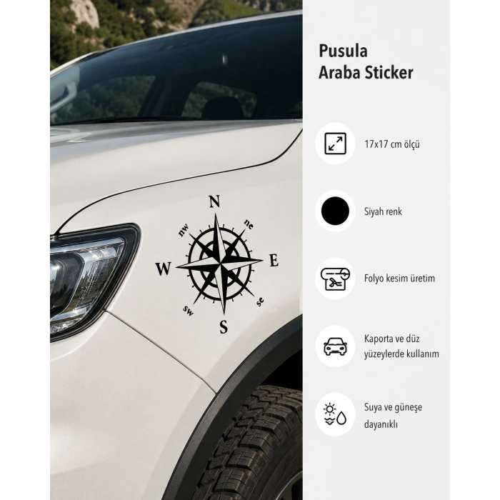 Pusula Araba Sticker 17x17 Cm Siyah