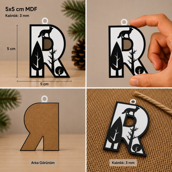 R Harf Yılbaşı Süsü – MDF Çam Ağacı Desenli Asılabilir Dekor (5x5 cm)