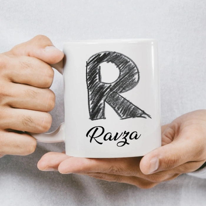 R Harfi Karakalem İsme Özel Kupa