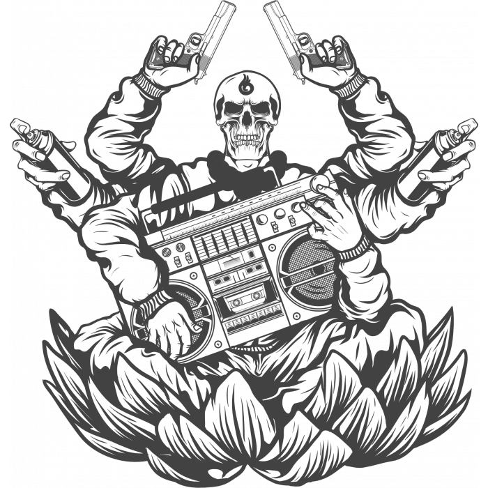 Radyo ve Silahlı iskelet Sticker 10x10 cmRenkli Sticker