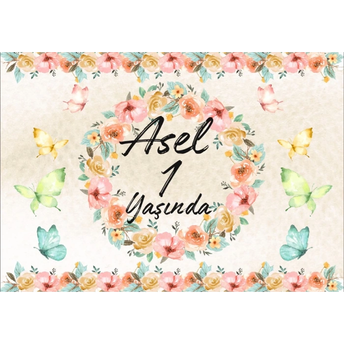 Çiçek ve Kelebekler Temalı Doğum Günü Afişi 100X150 cm