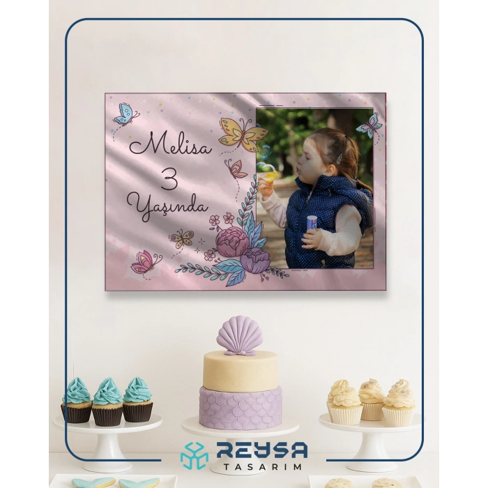 Resimli Pembe Çiçekler Temalı Doğum Günü Afişi 35X50 cm