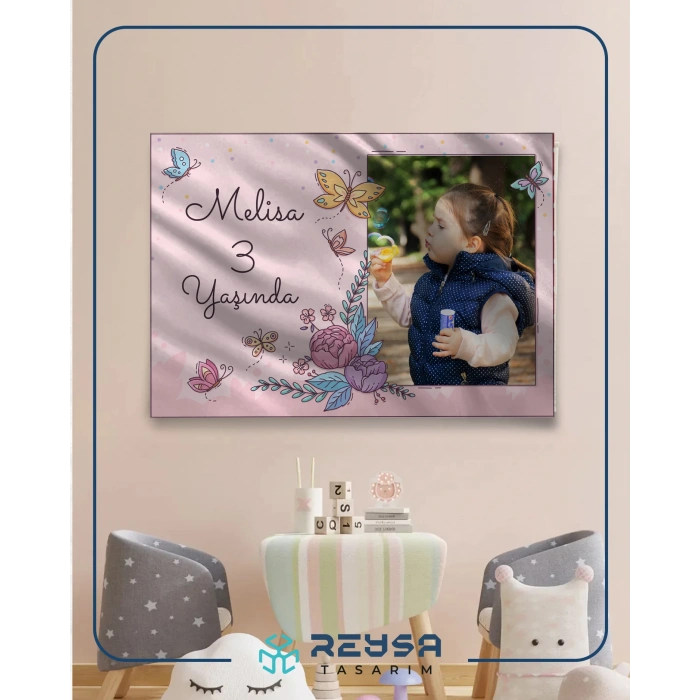 Resimli Pembe Çiçekler Temalı Doğum Günü Afişi 50X70 cm