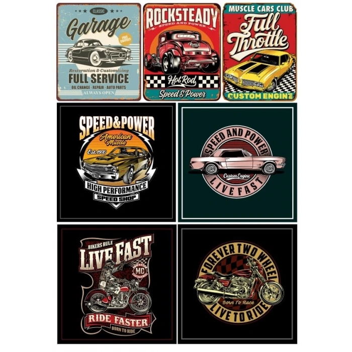 Retro Arabalar ve Motorlar Sticker Set 7 Parça Telefon, Tablet, Defter, Laptop Sticker