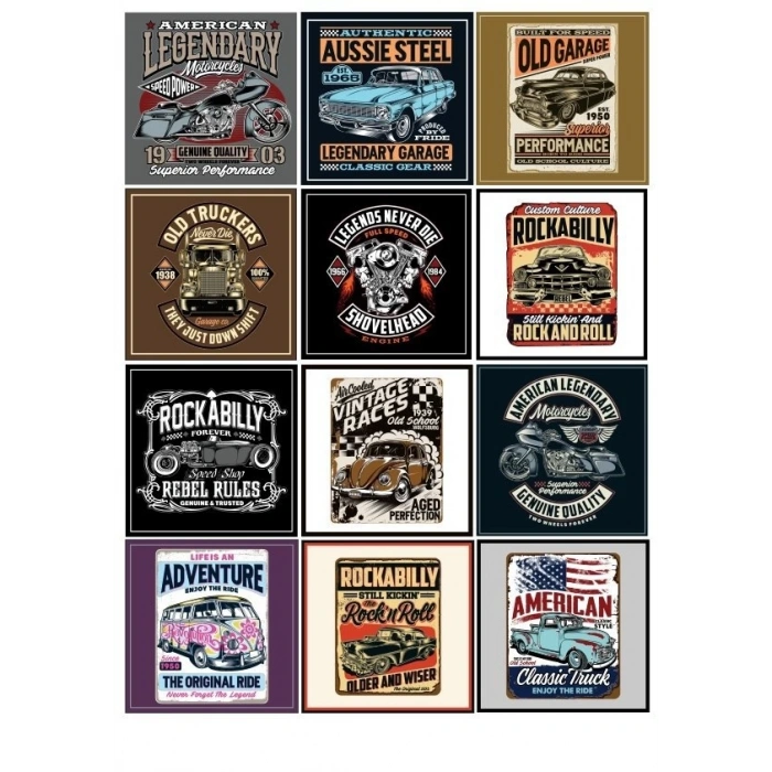 Retro Car Poster Sticker 12 Parça Telefon, Tablet, Defter, Laptop Sticker