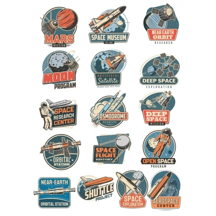 Retro Uzay Sticker Set 8 16 Parça Telefon, Tablet, Defter, Laptop Sticker