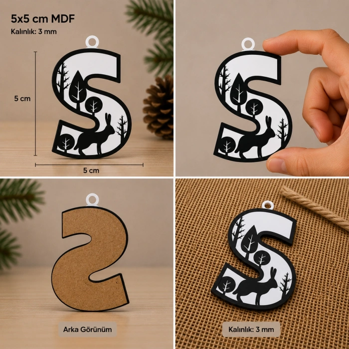 S Harf Yılbaşı Süsü – MDF Çam Ağacı Desenli Asılabilir Dekor (5x5 cm)