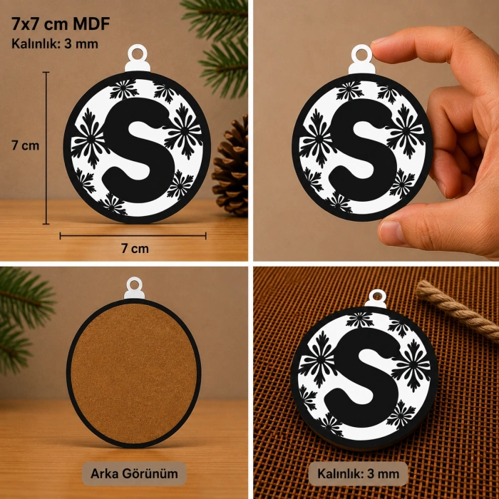 S Harf Yılbaşı Süsü – MDF Çam Ağacı Desenli Asılabilir Dekor (7x7 cm)