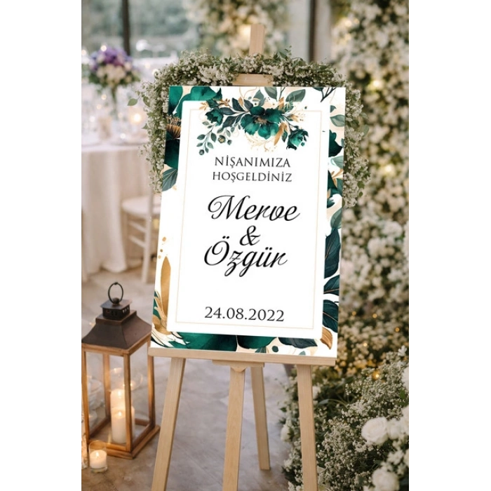 Yeşil Çiçekli Düğün, Nişan ve Söz Karşılama Panosu – 50x70 cm