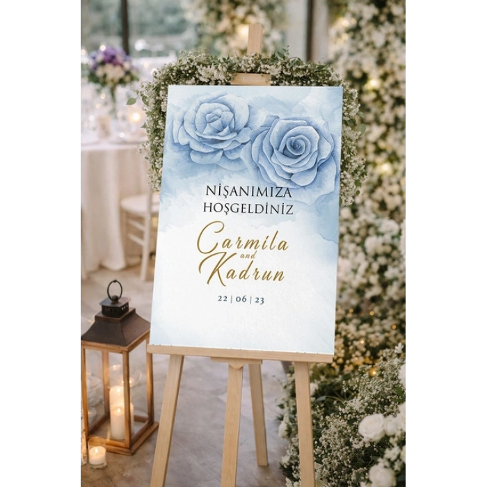 Mavi Güllü Düğün, Nişan ve Söz Karşılama Panosu – 50x70 cm