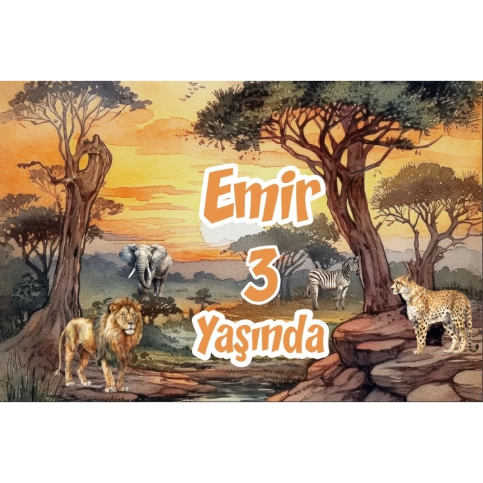 Safari Gün Batımı ve Hayvanlar Temalı Doğum Günü Afişi 50X70 cm