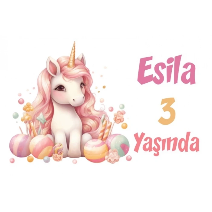 Pembe Unicorn Temalı Doğum Günü Afişi -8 100X150 cm