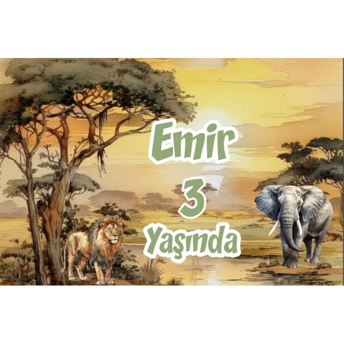 Safari Aslan ve Fil Temalı Doğum Günü Afişi 50X70 cm