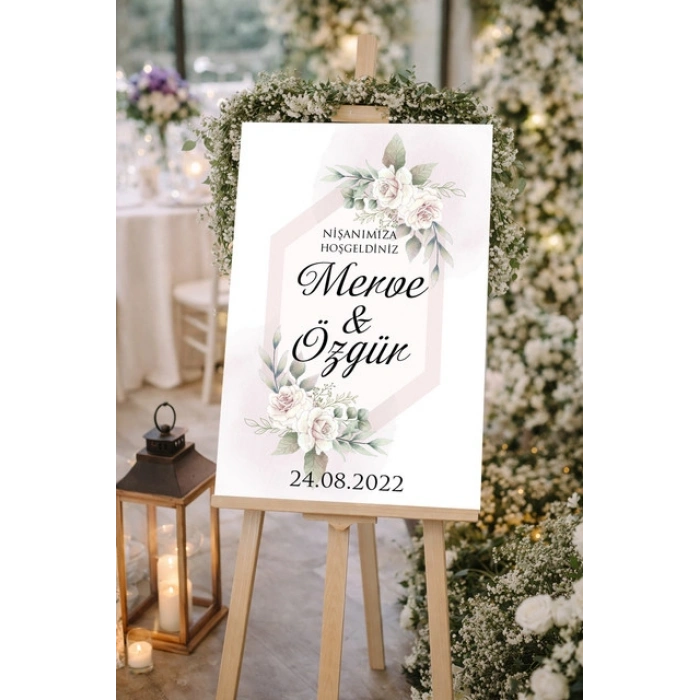 Pembe ve Beyaz Çiekli Düğün, Nişan ve Söz Karşılama Panosu – 50x70 cm