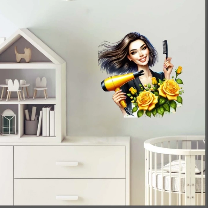 Sarı Güllü Kuaför Kız Duvar Stickerı