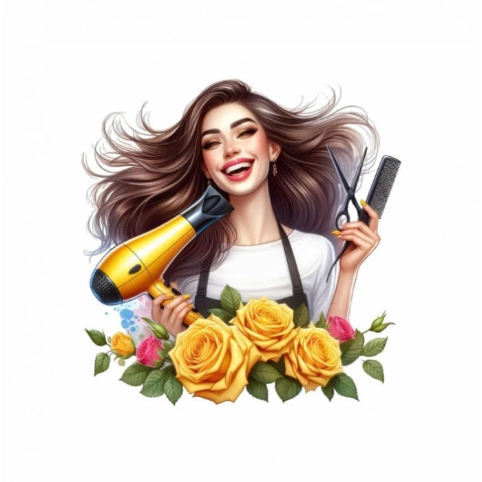 Sarı Güllü Makas ve Fön Tutan Kuaför Kız Duvar Stickerı