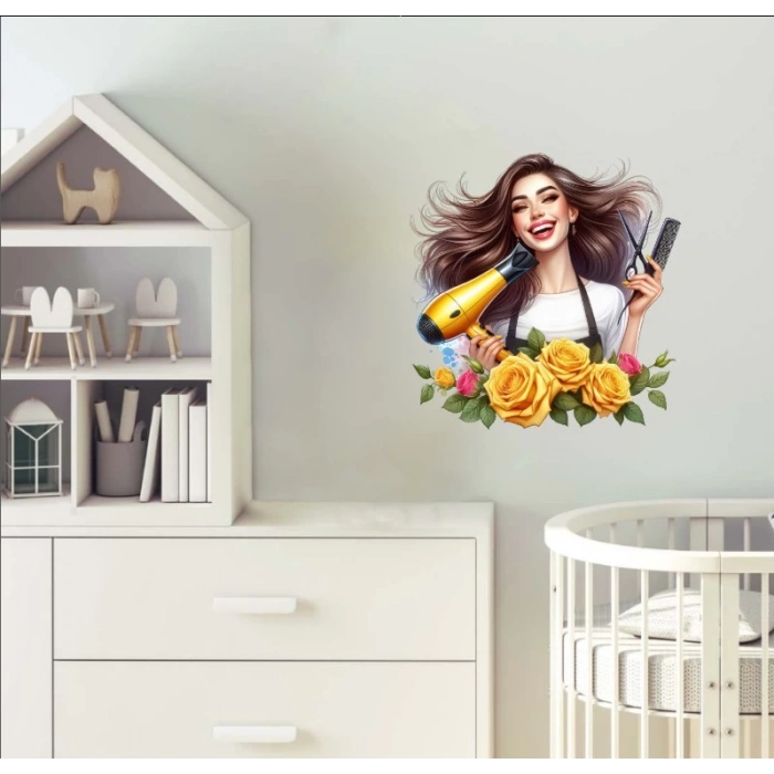 Sarı Güllü Makas ve Fön Tutan Kuaför Kız Duvar Stickerı