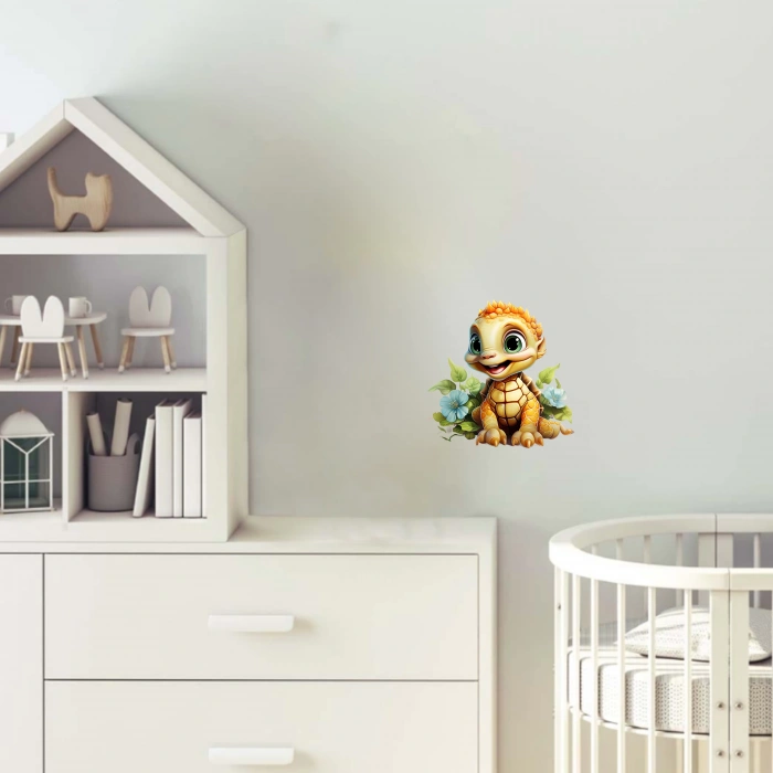 Sarımsı Kaplumbağa ve Mavi Çiçekler Duvar Stickerı