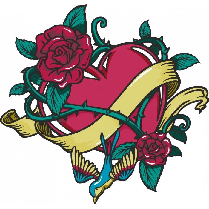 Sarmaşıklar Gül ve Kalp Sticker 10x10 cmRenkli Sticker