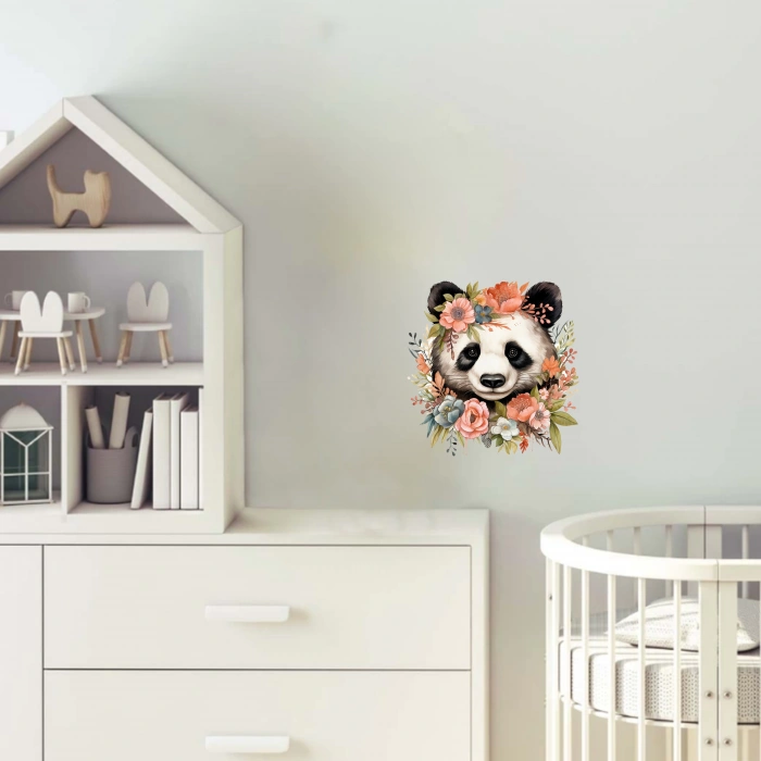 Şeftali ve Mavi Tonlarında Çiçek Taçlı Panda Duvar Stickerı