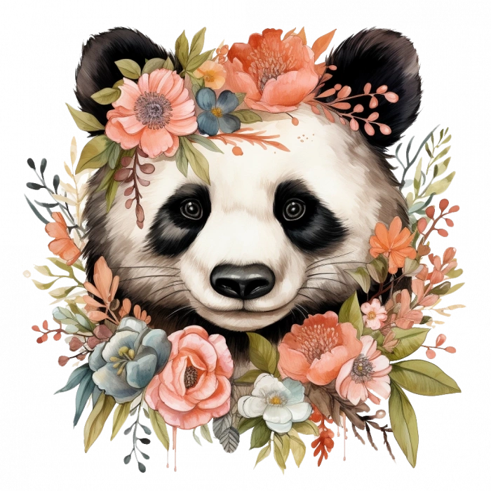 Şeftali ve Mavi Tonlarında Çiçek Taçlı Panda Duvar Stickerı