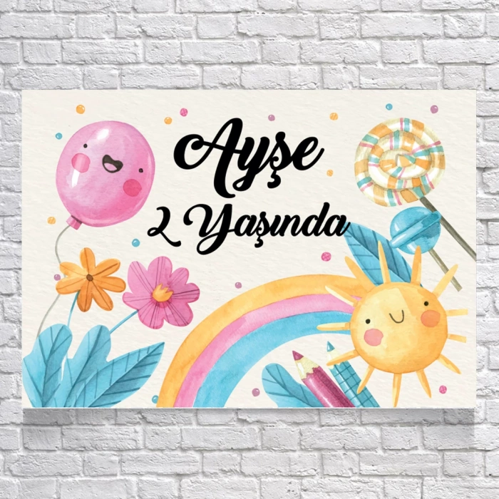 Şeker Gökkuşağı Temalı Doğum Günü Afişi 100X150 cm