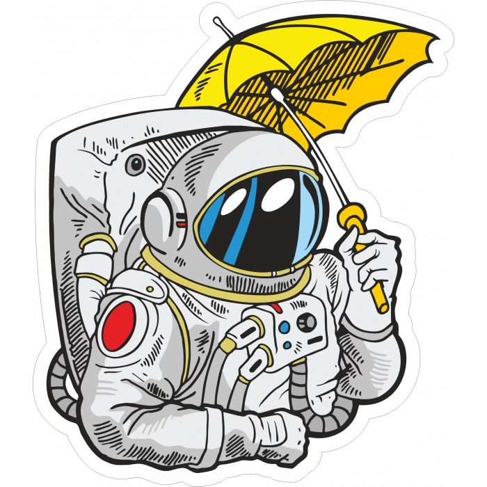 Şemsiye Tutan Astronot Sticker 10x10 cmRenkli Sticker