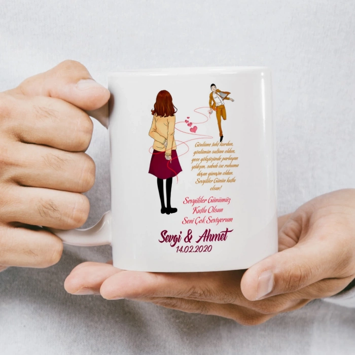 Sevgililer Günümüz Kutlu Olsun Kalpli Çizgi Çift Kupası