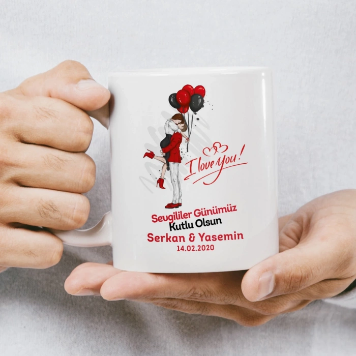 Sevgililer Günümüz Kutlu Olsun Öpüşen Çizgi Çift Kupası