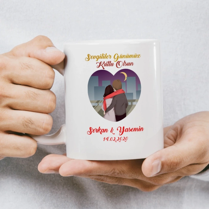 Sevgililer Günümüz Kutlu Olsun Pembe Kalp Çerçeveli Evli Çift Kupası