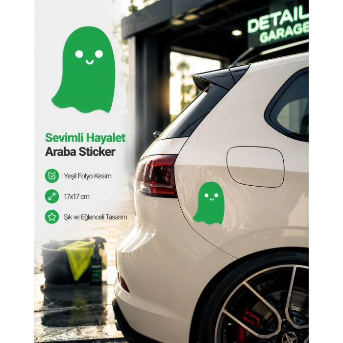 Sevimli Hayalet Araba Sticker 17x17 Cm Yeşil