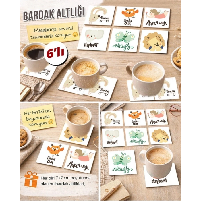 Sevimli Hayvanlar 2 7x7 – 6’lı Set Dekoratif Kare Tasarım