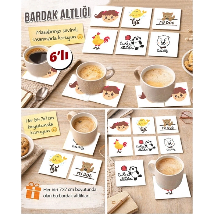 Sevimli Hayvanlar 4 7x7 – 6’lı Set Dekoratif Kare Tasarım