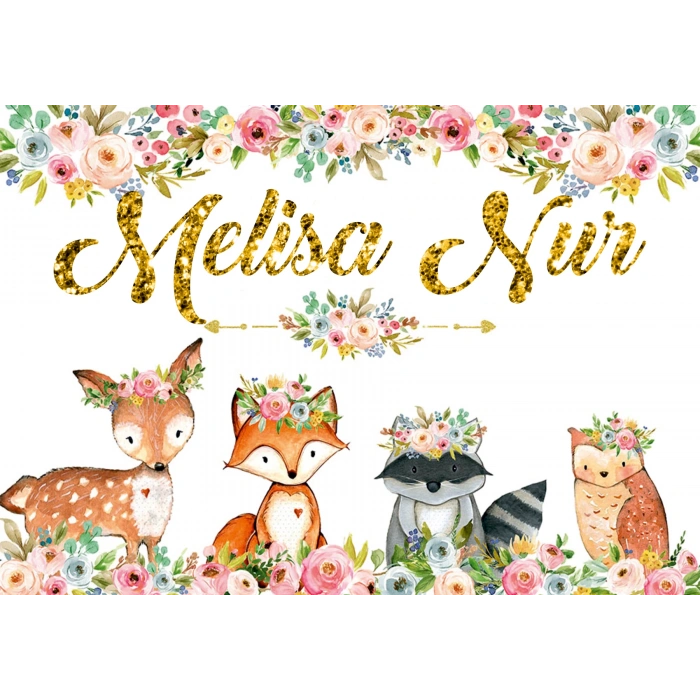 Sevimli Hayvanlar Çiçekli Doğum Günü Afişi 35X50 cm