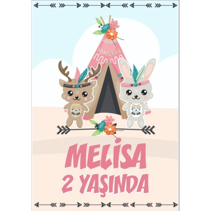 Sevimli Hayvanlar ve Çadır Temalı Doğum Günü Afişi - 35x50 Cm