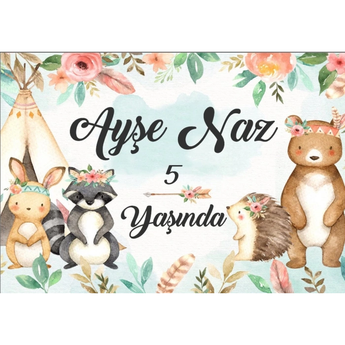 Sevimli Hayvanlar ve Çicekler Temalı Doğum Günü Afişi 50X70 cm