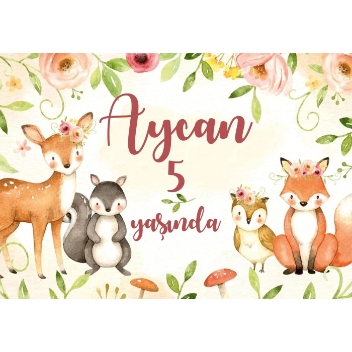 Sevimli Hayvanlar ve Çicekler Temalı Doğum Günü Afişi 50X70 cm