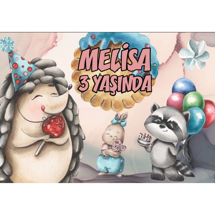 Sevimli Hayvanlar ve Şeker Temalı Doğum Günü Afişi 35X50 cm