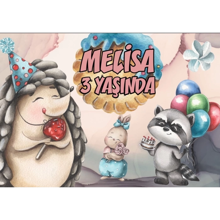 Sevimli Hayvanlar ve Şeker Temalı Doğum Günü Afişi 50X70 cm