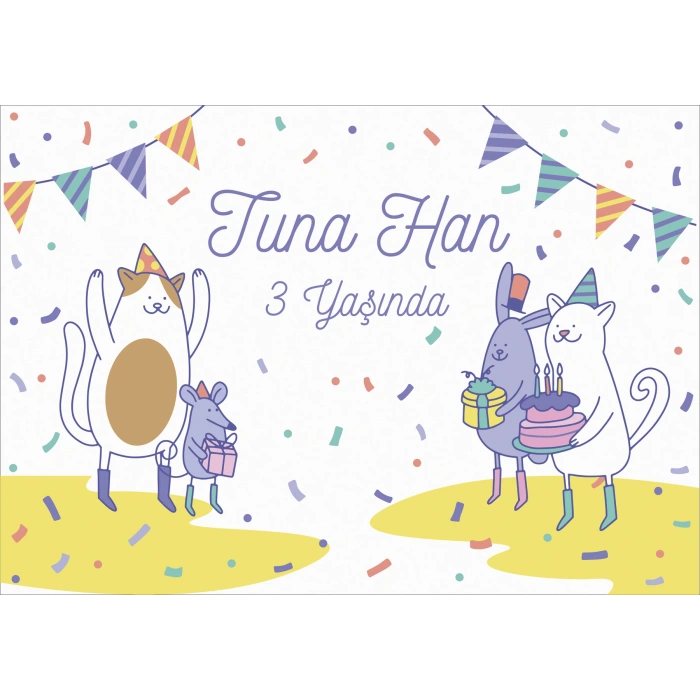 Sevimli Kediler Temalı Doğum Günü Afişi 100X150 cm