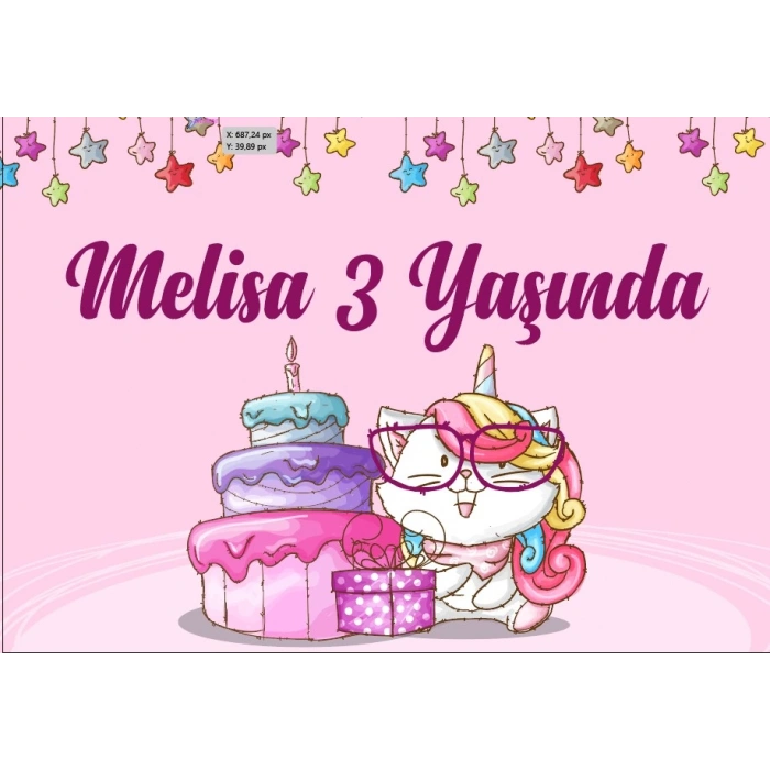 Unicorn ve Pasta Temalı Doğum Günü Afişi 70X100 cm