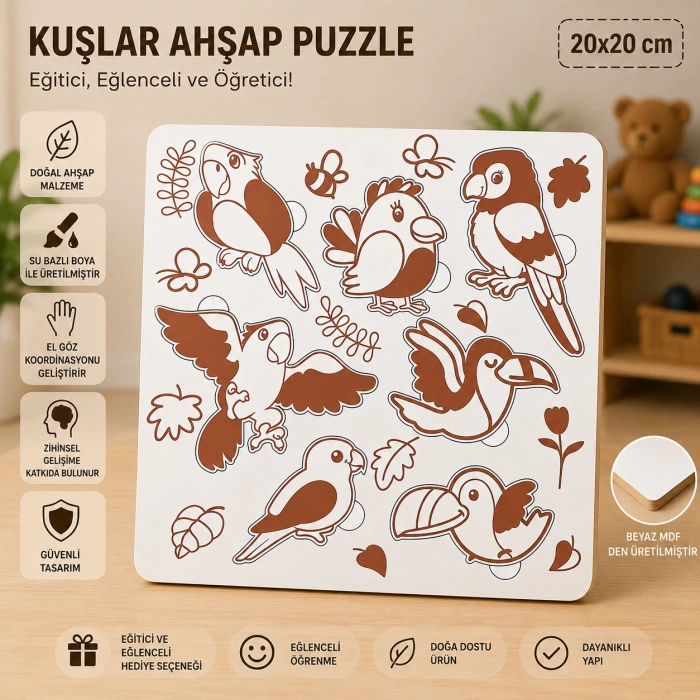 Sevimli Kuşlar Eğitici Ahşap Puzzle – 20x20 cm Beyaz MDF Çocuk Gelişim Oyuncakları