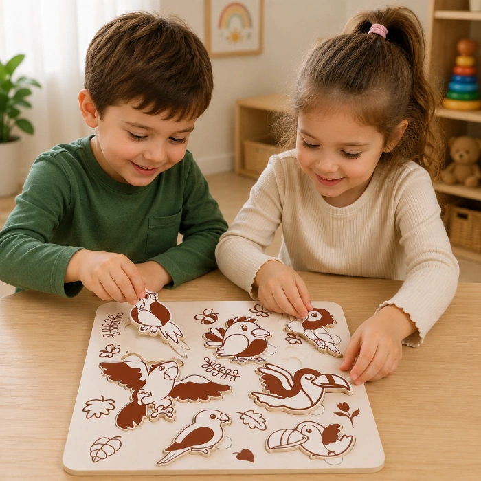 Sevimli Kuşlar Eğitici Ahşap Puzzle – 20x20 cm Beyaz MDF Çocuk Gelişim Oyuncakları