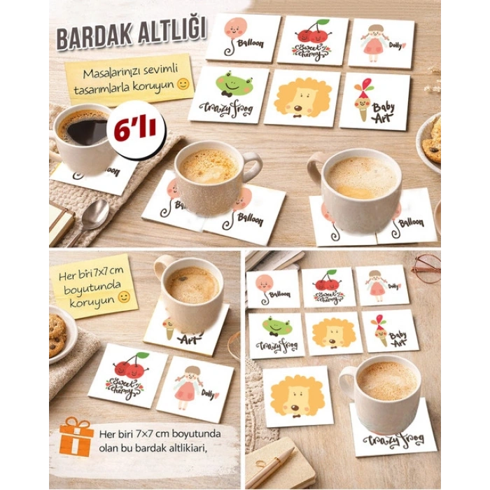 Sevimli Meyve ve Hayvanlar 7x7 – 6’lı Set Dekoratif Kare Tasarım